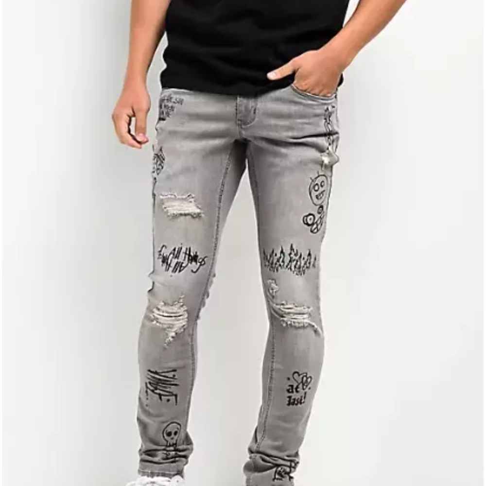 Rogue Gray Skinny Jeans with Distinctive Graffiti Design Size 34